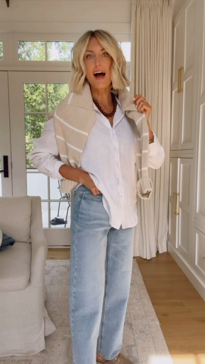 I have worn this sweater on repeat! It's great to wear on its own or draping over your shoulders! I got a S in the sweater! Wearing M in the button down & 26 in the jeans!

Loverly Grey, quince, closet staples, striped sweater, barrel jeans, linen button down 

 #LTKSeasonal