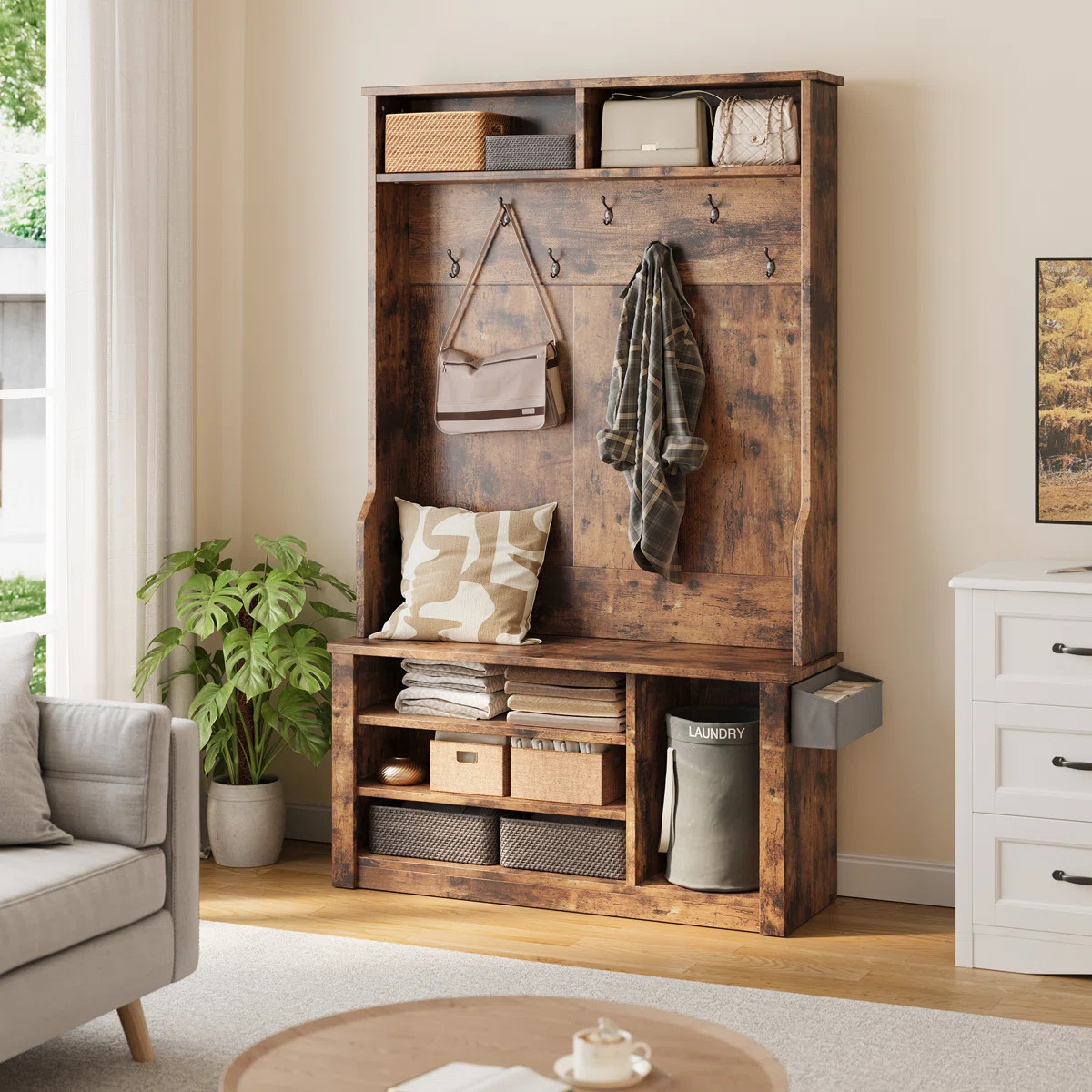 Farmhouse Hall Tree – Bench, Shoe Storage, Side Baskets & Hooks for Entryway | Wayfair North America