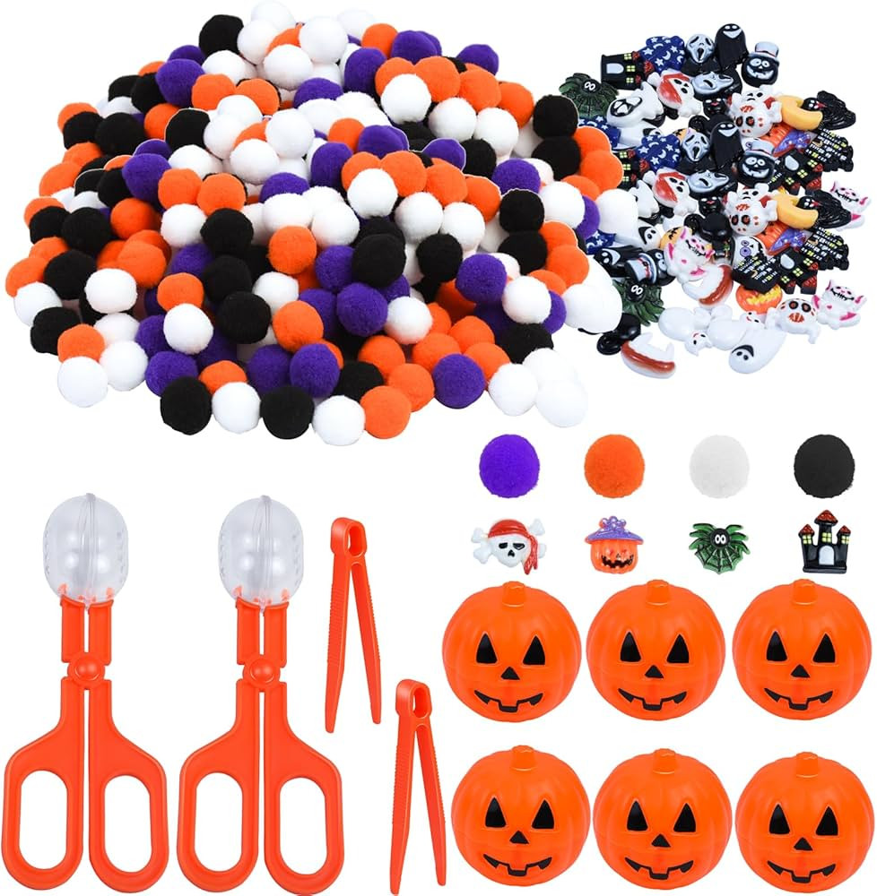 260pcs Halloween Fine Motor Sensory Bin Filler Set, Sensory Bin Tools 200 Pom Pom 50 Resin Figuri... | Amazon (US)