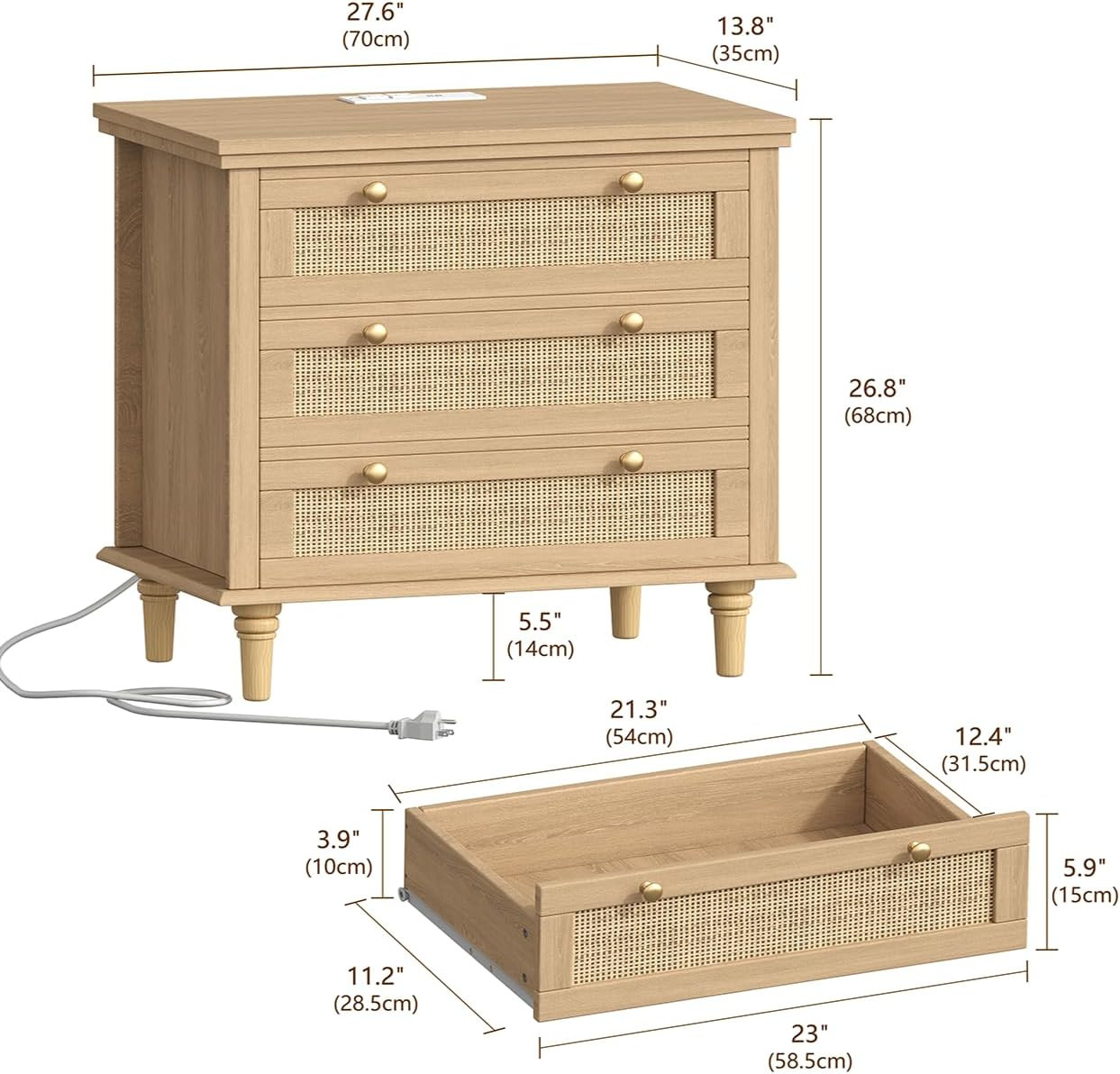 27.6" W x 26.8" H Wide Rattan Nightstand with Charging Station, Large Night Stand with 3 Storage ... | Amazon (US)