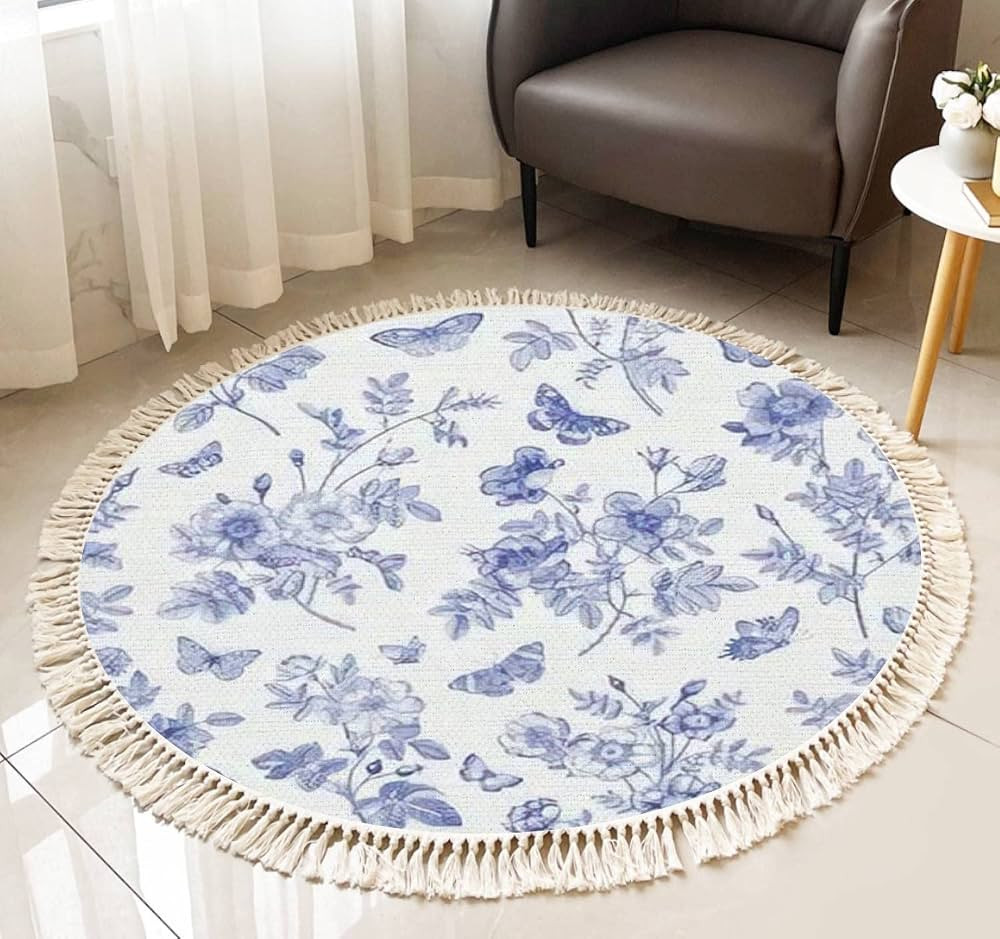 Round Fringe Rug Vintage Floral Seamless Wild Roses Butterflies Blue White Toile de Boho Area Rug... | Amazon (US)