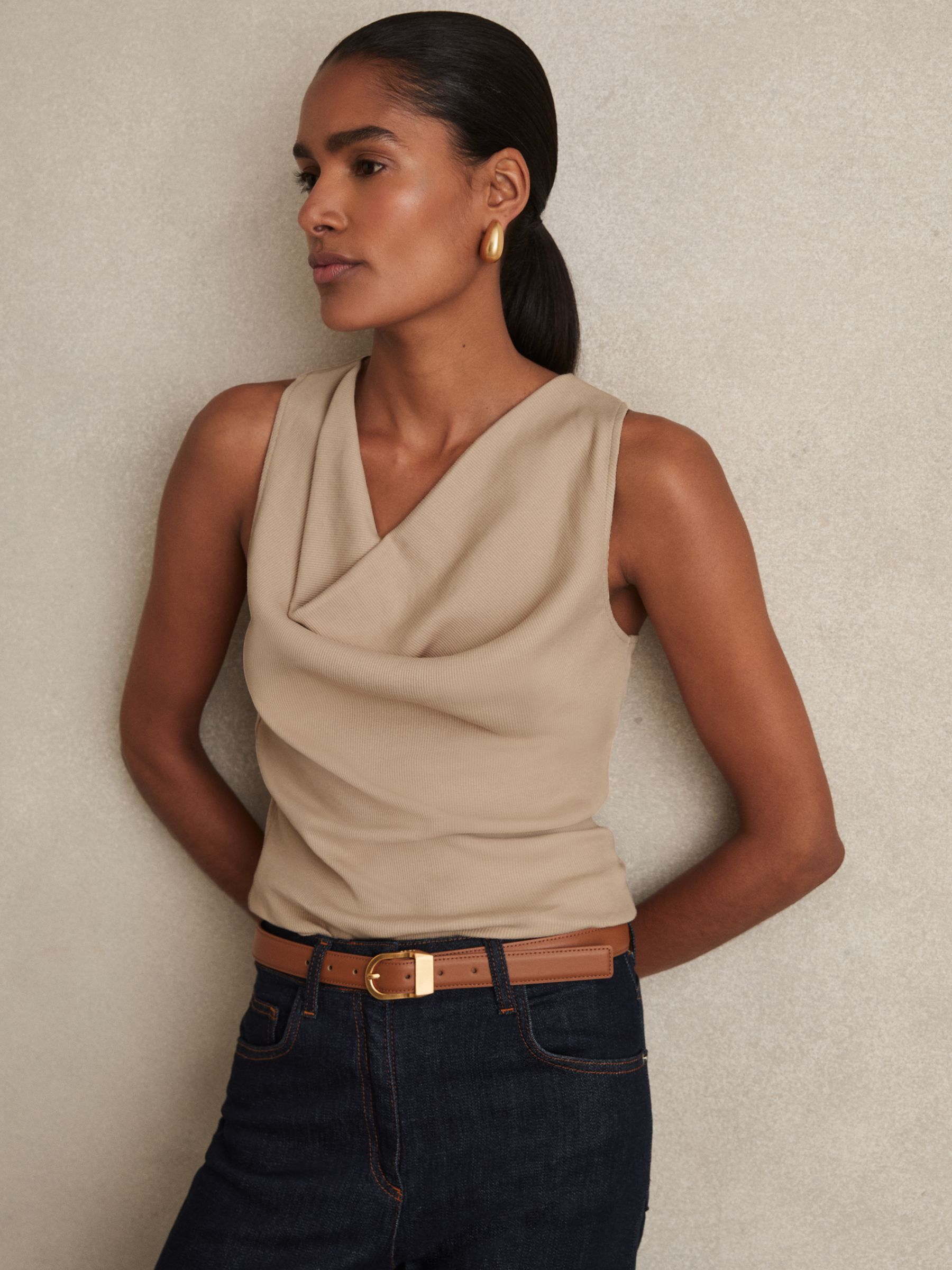 Ribbed Cowl-Neck Vest in Camel | Reiss UK