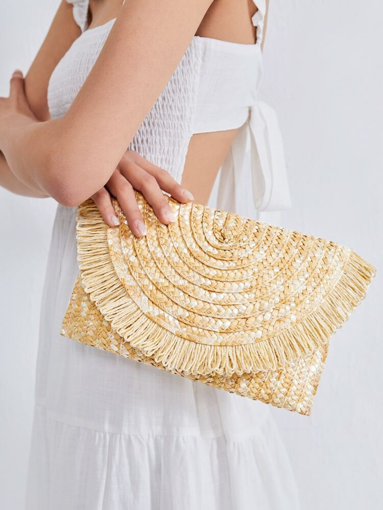 Fringe Decor Flap Straw Clutch Bag | SHEIN