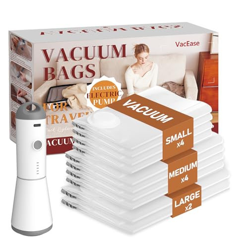 Vacbird Vacuum Storage Bags for Clothing Travel, 10 Pack Vacuum Bags with Wireless Charging Air Pump(2 Large+4 Medium+4 Small), Compression Packing for Clothes Blanket Suitcase Luggage | Amazon (US)