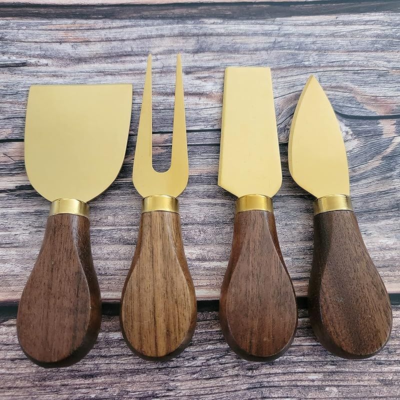 Gold Plated Cheese Knives in Walnut Wood. Cheeseboard knife Set of 4, Cheese Spreader, Charcuteri... | Amazon (US)