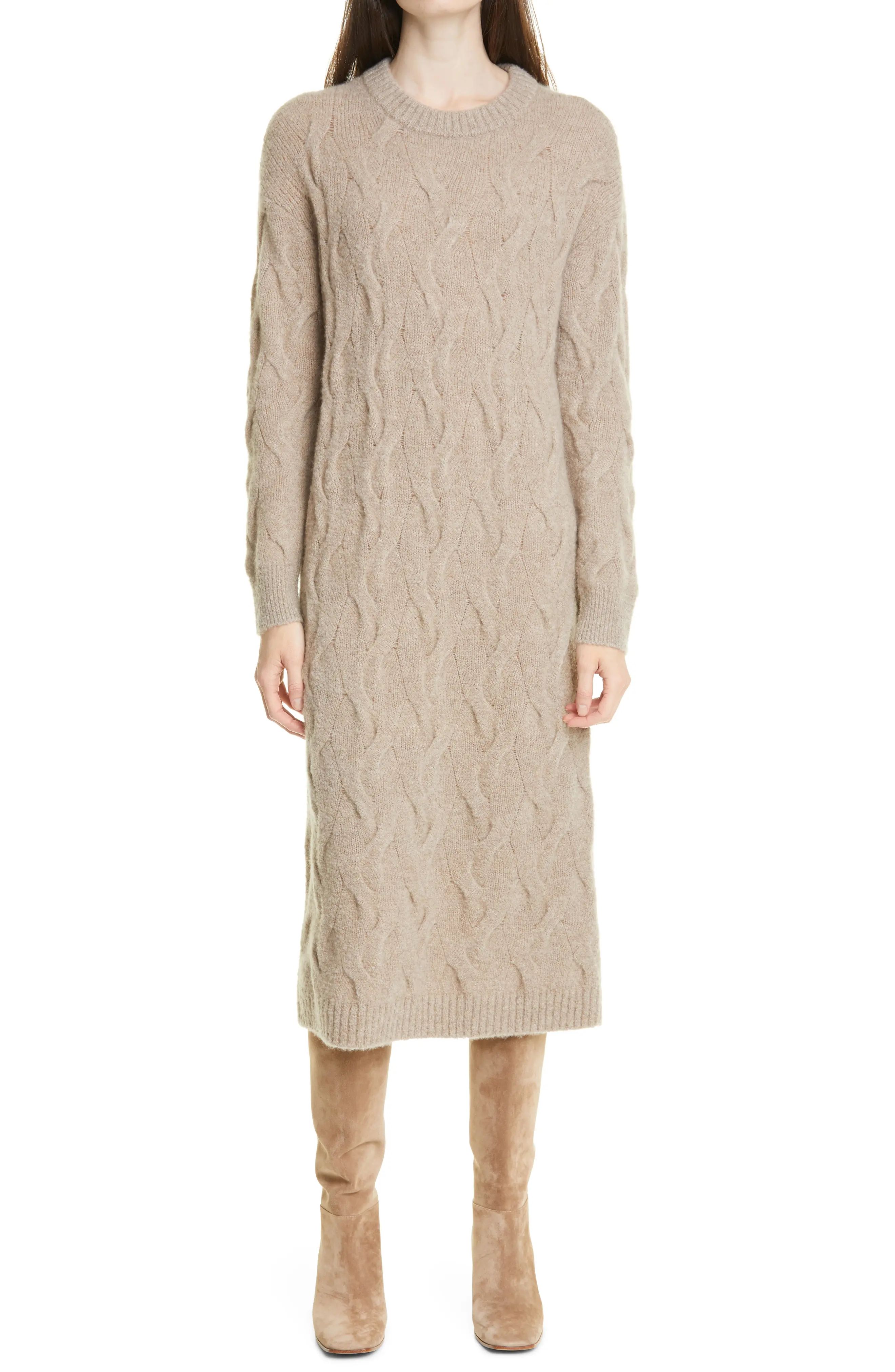 Nordstrom Signature Cable Long Sleeve Cashmere Sweater Dress in Tan Portabella Heather at Nordstrom, | Nordstrom