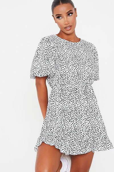 White Woven Polka Dot Puff Ball Sleeve Smock Dress | ISAWITFIRST