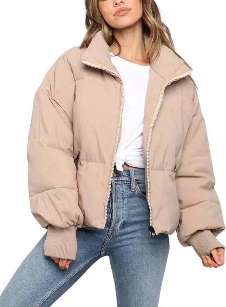 Unilexi Womens Casual Cropped Puffer Jackets Oversized Padded Stand Collar Winter Coats | Amazon (US)