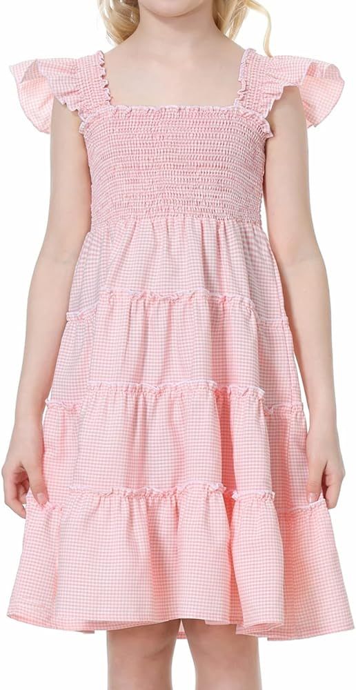 Girls Dresses Square Neck Smocked Ruffle Babydoll Boho Tiered Flutter Sleeve A-line Dress 6-12Y | Amazon (US)