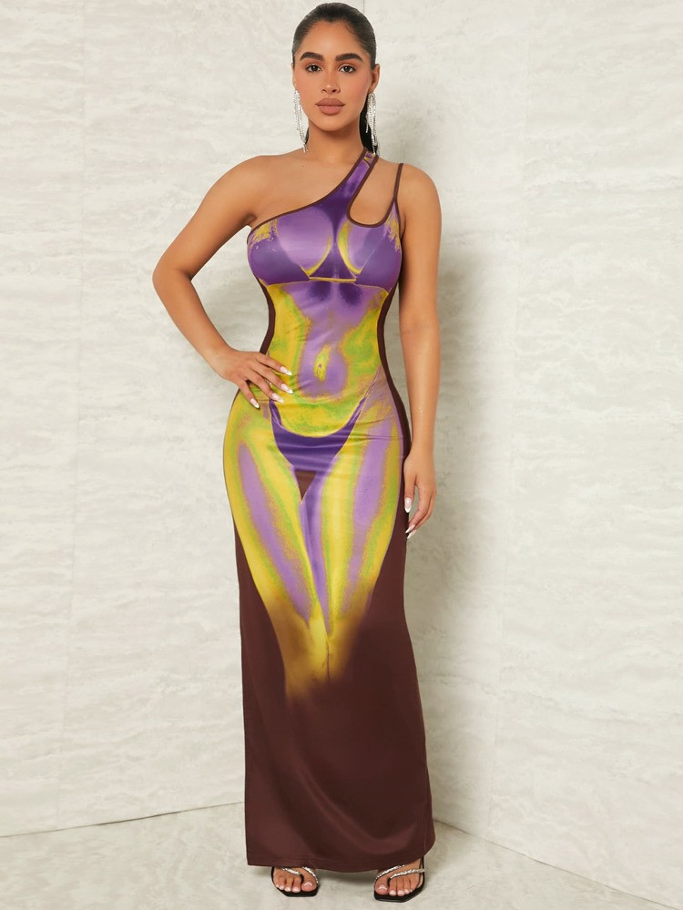 SHEIN SXY Body Heat Map Print One Shoulder Cut Out Maxi Dress | SHEIN
