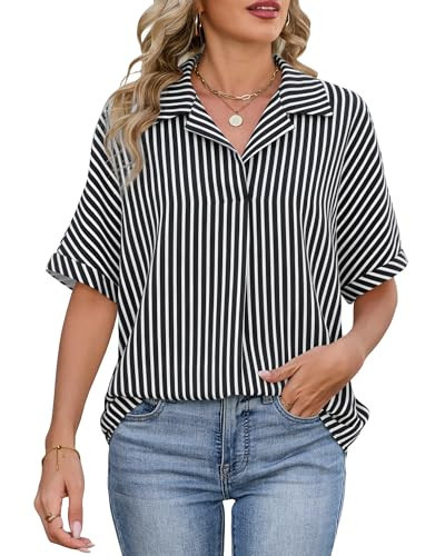 IEEILULU Women Striped Collared Shirt Casual Short Sleeve V Neck Blouse Tops Loose Fit Business Work Dressy Shirts Black and White Striped XXL | Amazon (US)