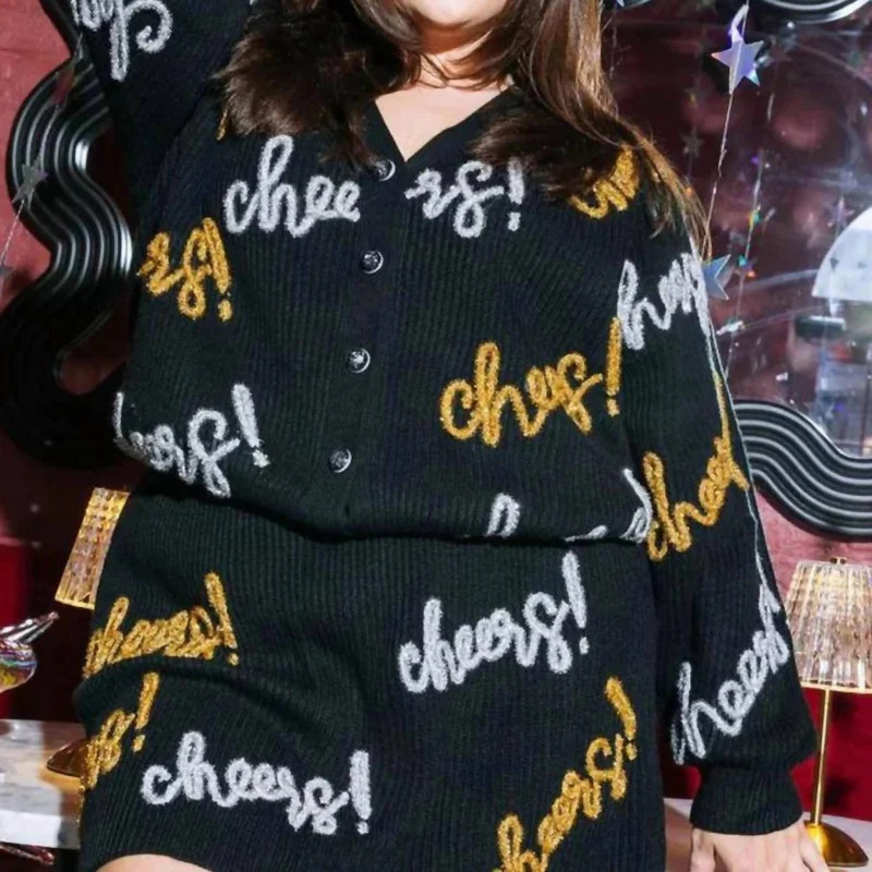 QUEEN OF SPARKLES Cheers All Over Glitter Script Cardigan In Black - Black - XS | Verishop