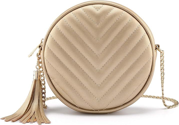 CHIC DIARY Small Crossbody Bags for Women Round Quilted Purse with Tassel Faxu Leather Shoulder b... | Amazon (US)