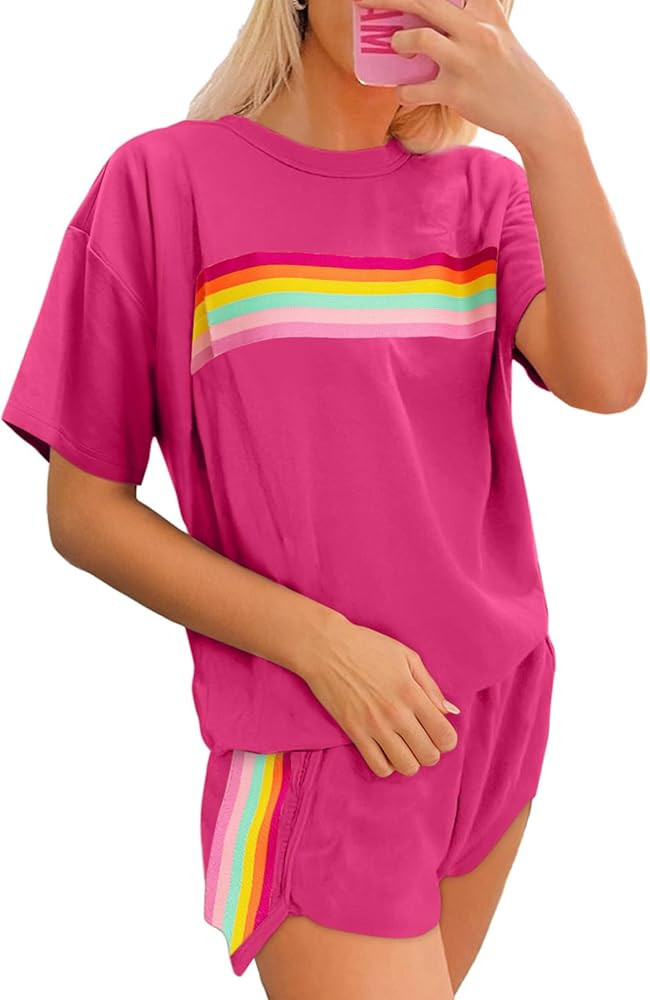 SHEWIN Womens Two Piece Lounge Sets Casual Short Sleeve Pullover Tops Matching Runner Shorts Cozy... | Amazon (US)