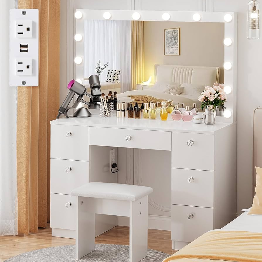 VOWNER Vanity with Lighted Mirror - Makeup Vanity Desk with Power Outlet and 7 Drawers, 3 Color L... | Amazon (US)