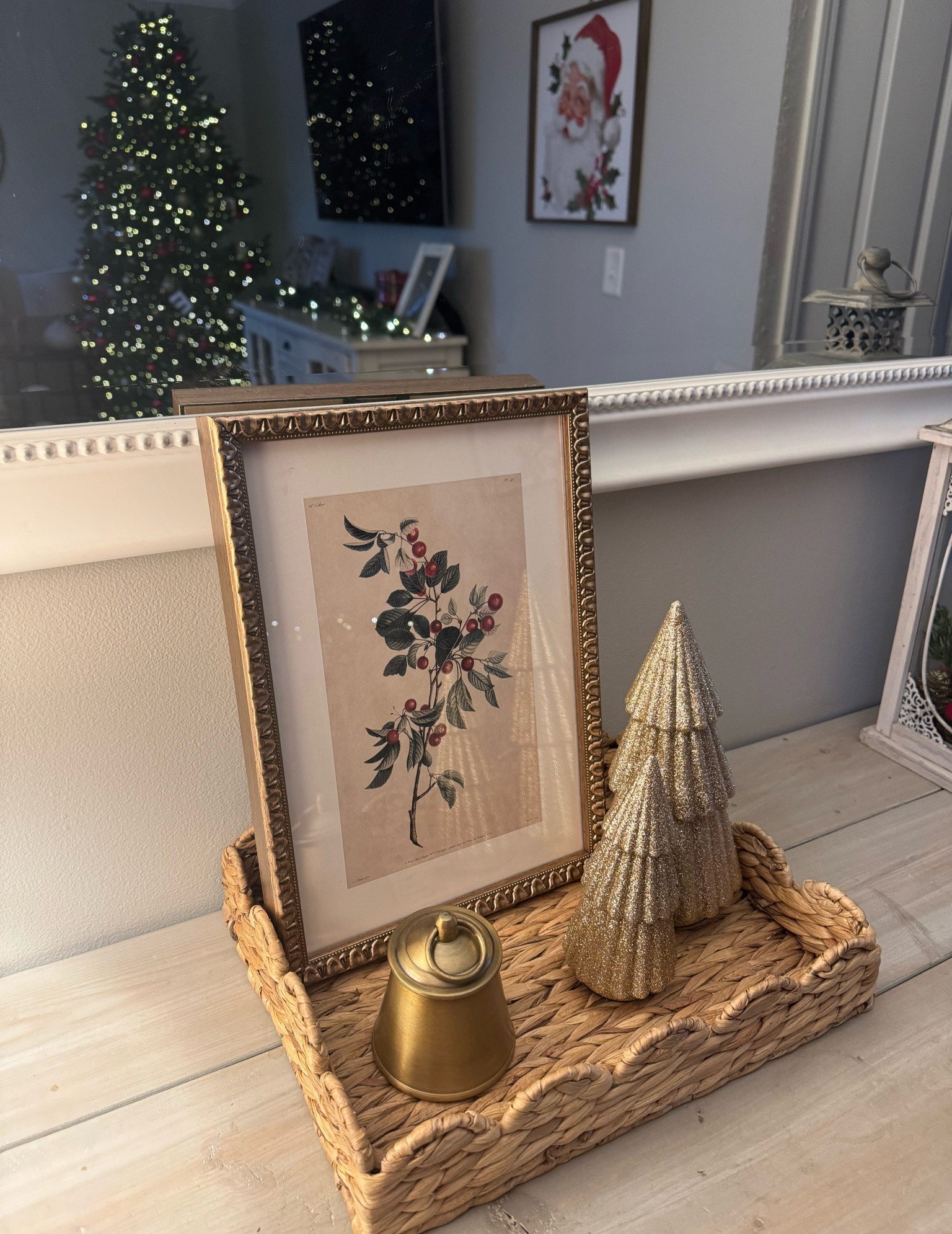 Christmas decor, entryway table, living room decor, gold Christmas trees, Christmas bell candle, brass candle bell, mistletoe berries gold frame wall decor, Santa, wicker tray, home accents, holiday decorations, wicker serving tray 

#LTKHoliday #LTKFindsUnder50 #LTKHome