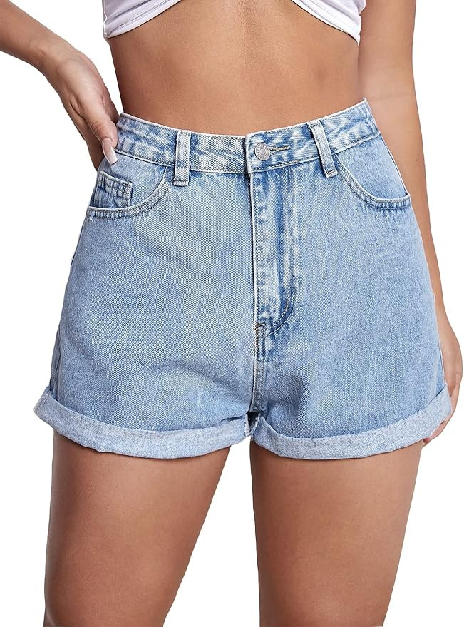 MakeMeChic Women's Skinny Jean Shorts High Waisted Rolled Hem Stretch Denim Shorts | Amazon (US)