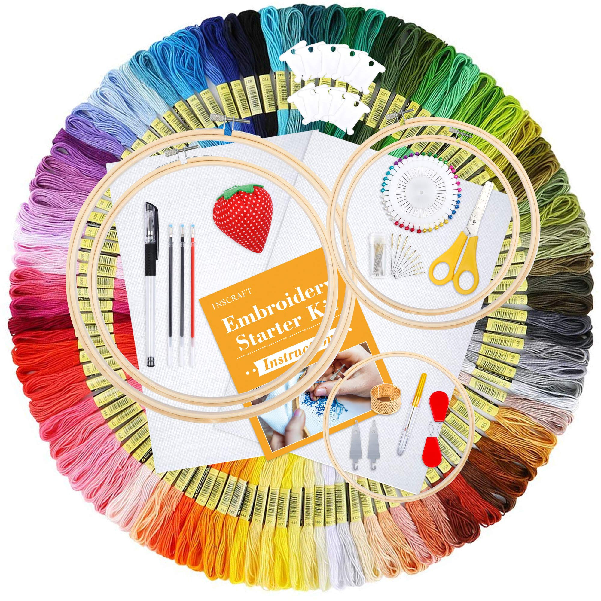 INSCRAFT 304 Pack Embroidery Kit, 200 Colors Threads, 5 Pcs Bamboo Embroidery Hoops, 2 Pcs Aida C... | Amazon (US)