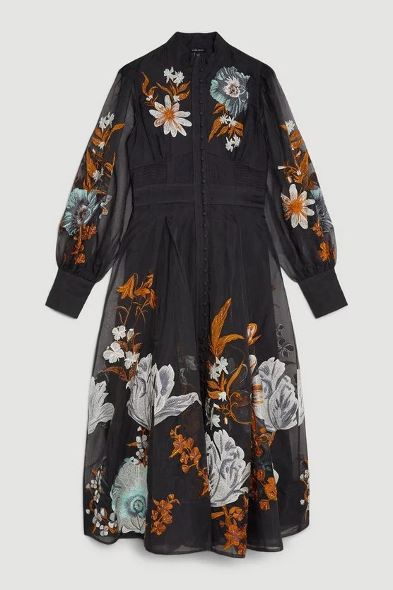 Premium Embroidered Beaded Organdie Woven Maxi Dress | Karen Millen US