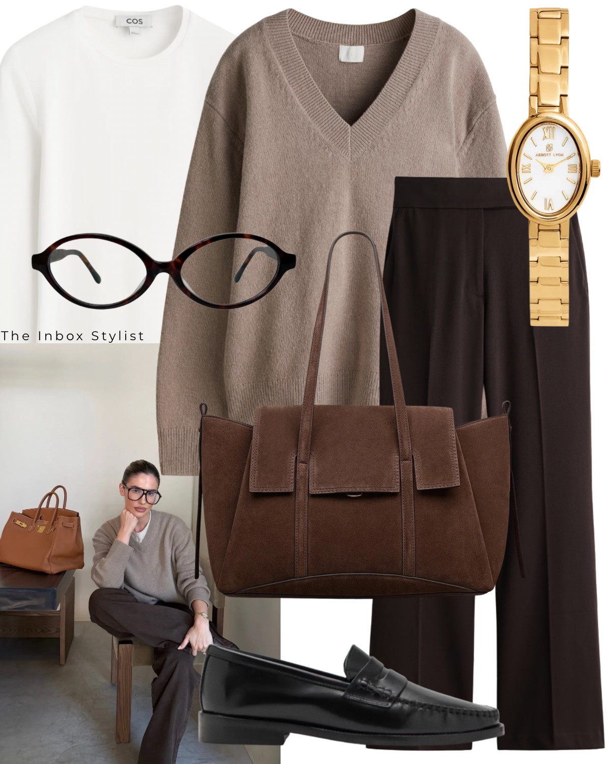 The perfect workwear outfit, as well as the perfect Sunday outfit. 

Including v-neck jumper, gold chain watch, suede handbag, brown trousers, loafers, oval glasses and white top  

#LTKworkwear #LTKuk #LTKstyletip
