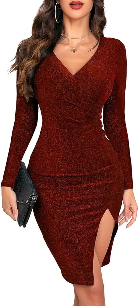 oten Women's Sparkly Deep V Neck Long Sleeve Ruched Bodycon Slit Cocktail Party Club Night Out Sl... | Amazon (US)