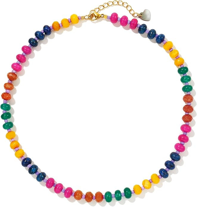 Colorful Gemstone Beaded Necklaces For Women Trendy Rainbow Natural Stone Boho Handmade Stainless... | Amazon (US)