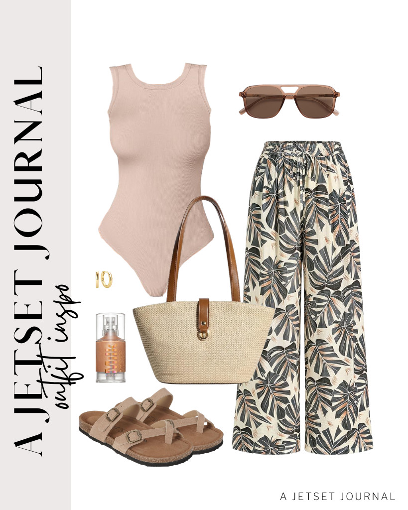 You can use our next outfit to check off your weekend errand-running. Tuck the pink ANRABESS bodysuit into your PRETTYGARDEN pants with pretty leaf patterns. Slide into Project Cloud leather sandals, pack your keys in a straw tote bag, and add retro aviator SOJOS sunnies. 

#LTKSeasonal #LTKSaleAlert #LTKTravel
 

 