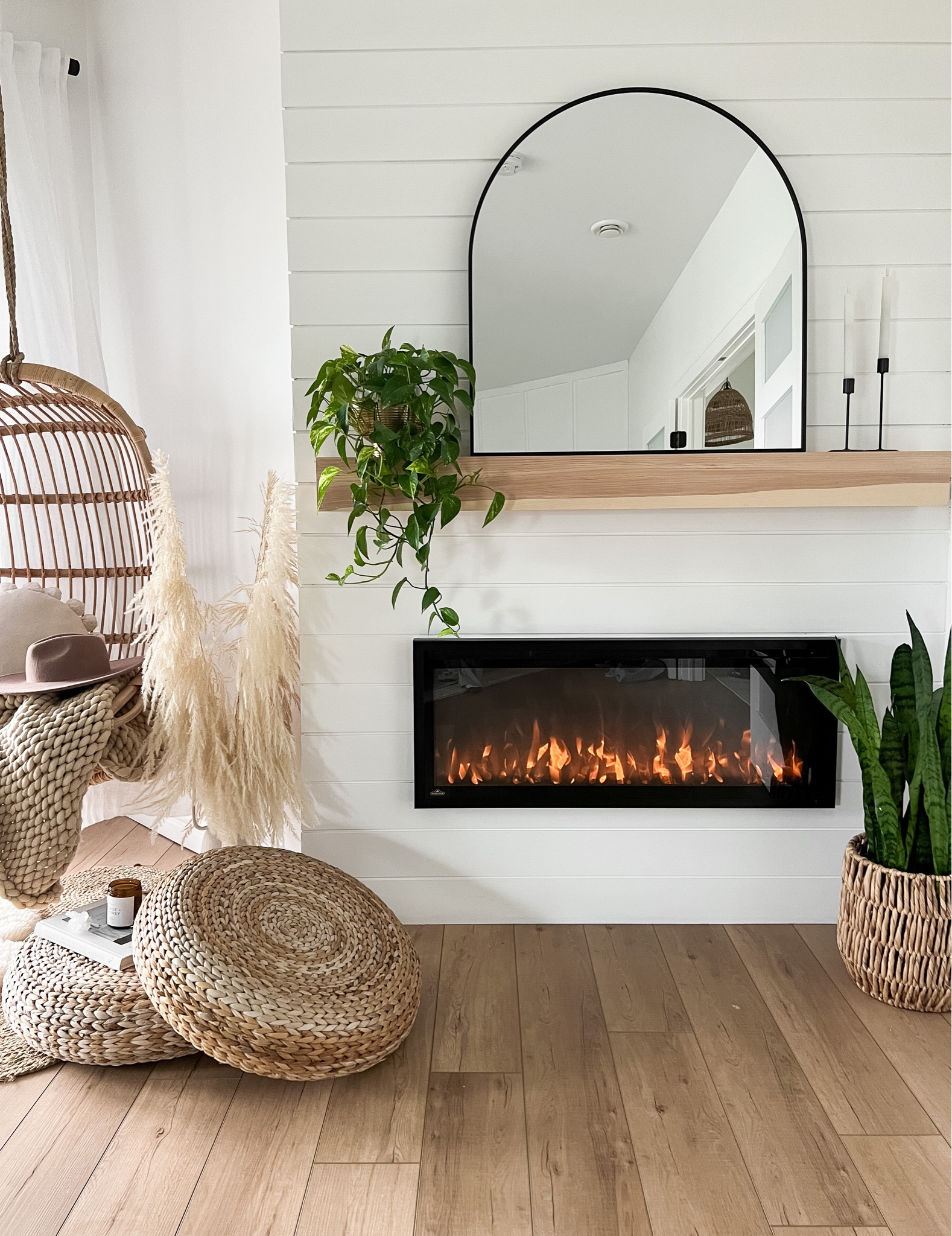 Fireplace. Shiplap fireplace. Modern decor. Arched mirror. Home decor. Mantle decor. Cozy home  

#LTKsalealert #LTKhome #LTKstyletip