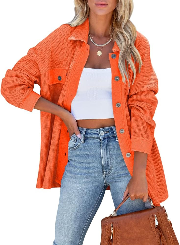 Paintcolors Women's Button Down Shirt Oversized Long Sleeve Frayed Knit Outerwear Tops with Pocke... | Amazon (US)