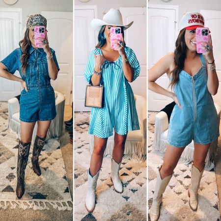 Country concert outfits - denim romper / cowboy boots cowgirl boots cowgirl hat 

#LTKFindsUnder50 #LTKStyleTip #LTKSeasonal