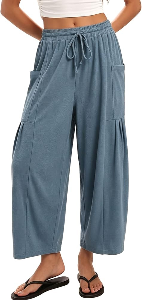 Athlisan Womens Casual Wide Leg Pants Drawstring Elastic Waist Palazzo Pants Baggy Lounge Trouser... | Amazon (US)