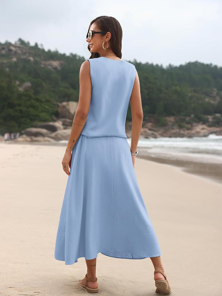 ELLEVEN 2 Piece Linen Sets for Women Summer Outfit,V-Neck Vest Top & Flowy Maxi Skirt | Amazon (US)