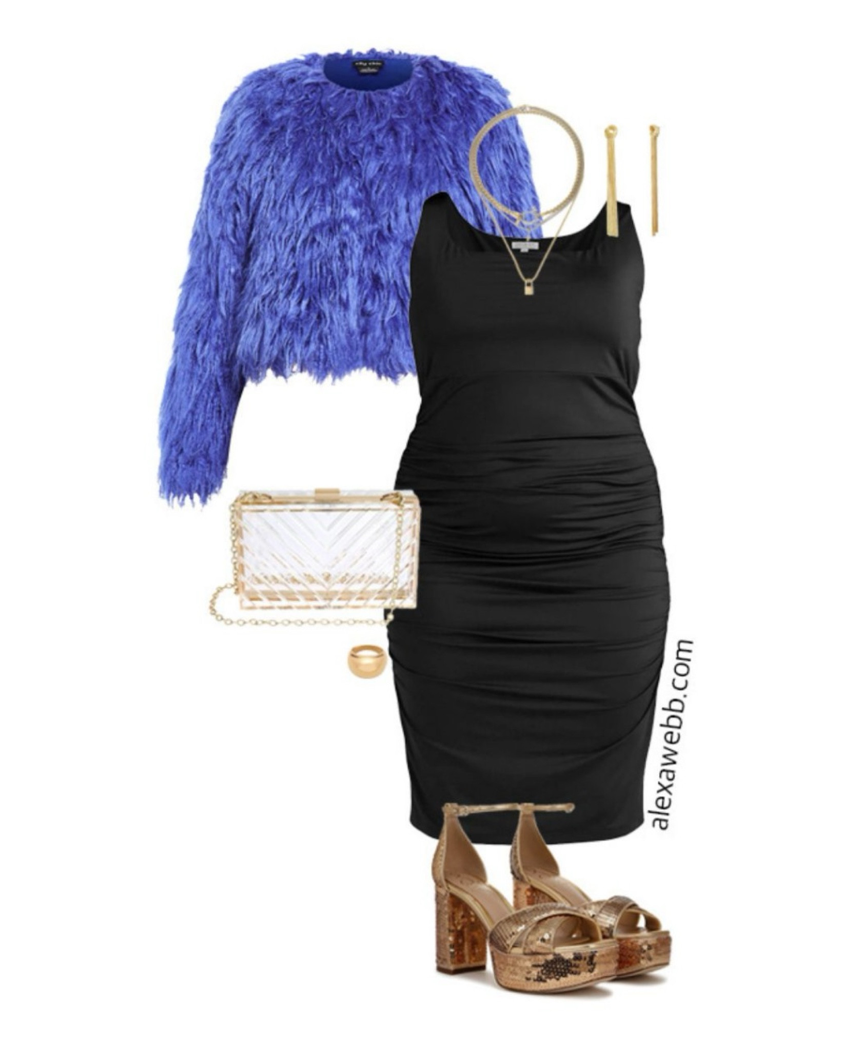 Plus Size Fall Concert Outfits - A plus size body con dress with bright blue faux fur jacket, gold sequin platform sandals, and a clear clutch. Perfect for concerts. Alexa Webb #plussize

#LTKPlusSize #LTKParties #LTKStyleTip