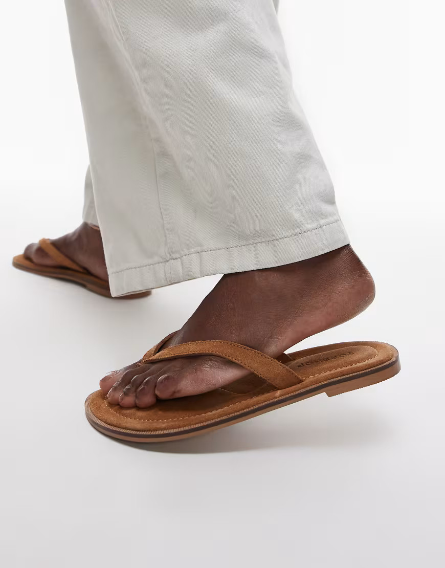 Topshop Jay real suede toe thong flat sandal in tan-Brown | ASOS (Global)