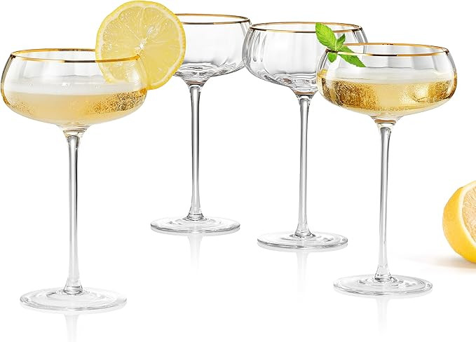 Khen Vintage Gold Rim Coupe Glasses | Set of 4 | Classic Vintage Hand Blown Ribbed Martini Glasse... | Amazon (US)