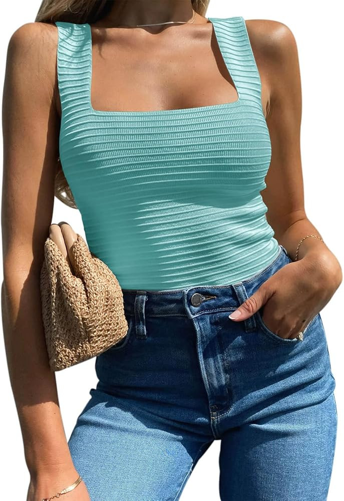 BZB Womens Ribbed Tank Tops 2025 Summer Sleeveless Square Neck Shirts Casual Slim Fitted Knit Shi... | Amazon (US)
