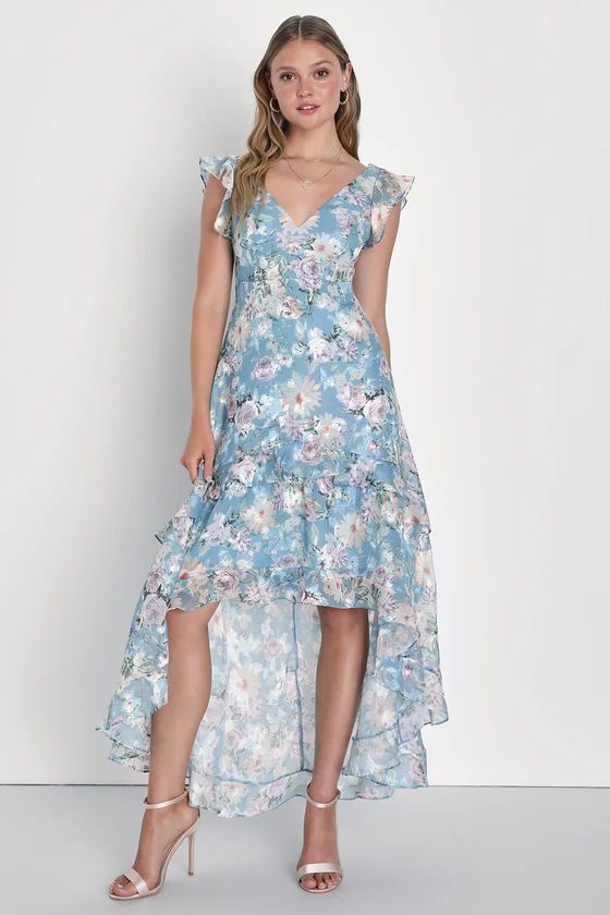 Stunning Favorite Light Blue Floral Ruffled High-Low Maxi Dress | Lulus