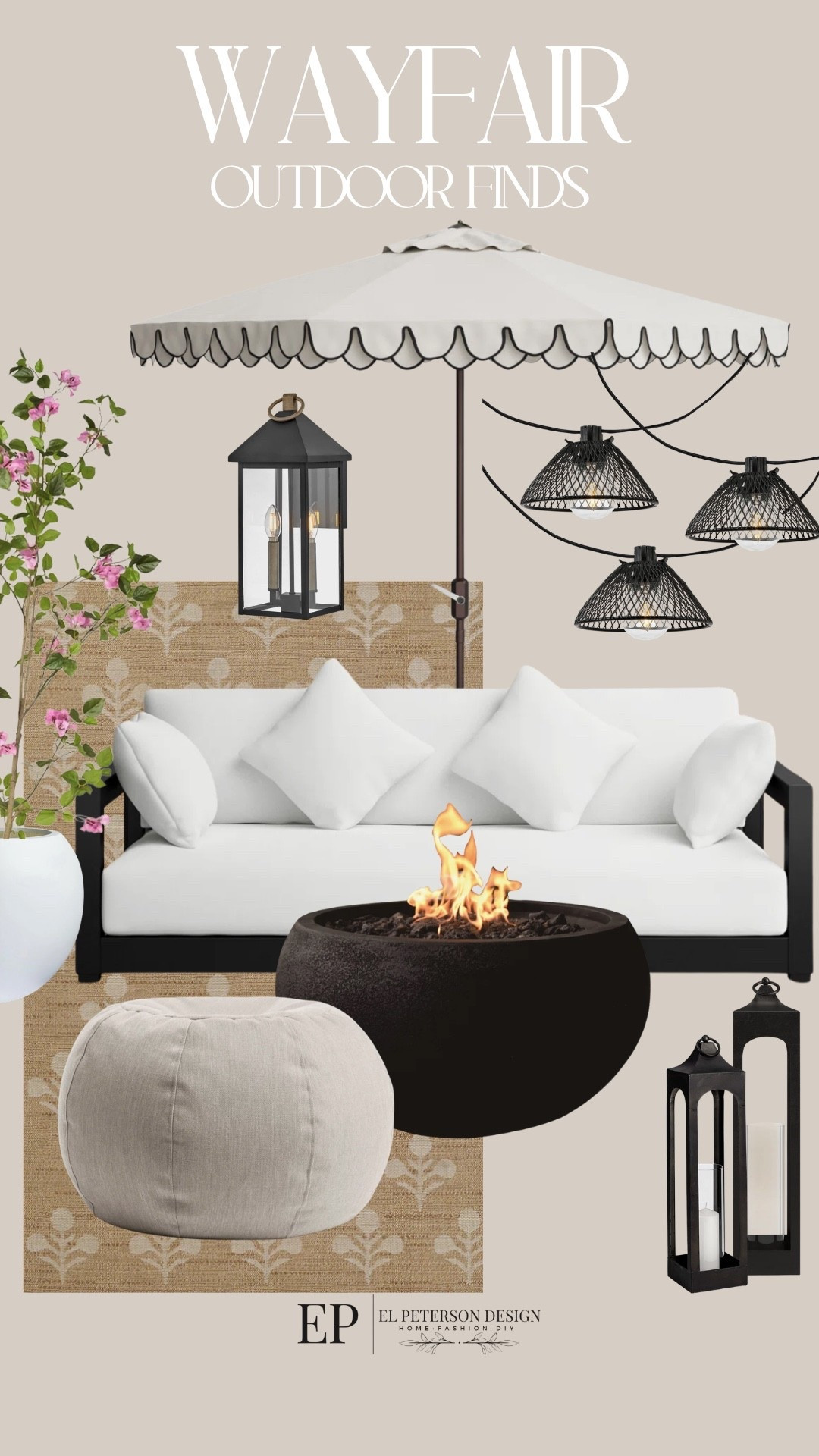 #AD @wayfair #wishyouwerehere, #outdoor, #Wayfair, #WayfairPartner

Wayfair 
Outdoor Finds 
Outdoor rug
Umbrella 
Floor lantern 
Pouf
Fire pit
Faux tree
Planter
String lights 

#LTKHome