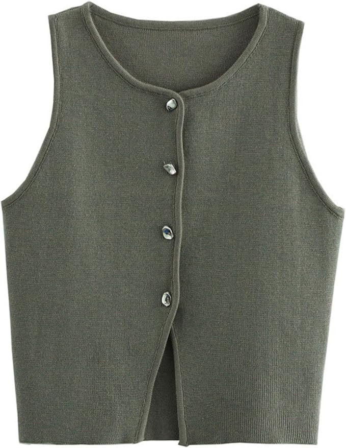 FindThy Women’s Cropped Knit Vest Trendy Crewneck Sleeveless Button Down Slim Fit Solid Color S... | Amazon (US)