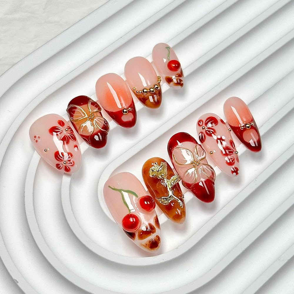 Almond Press on Nails Medium - Handmade Fake Nails with 3D Gold Flower Design - Winter Cherry Ful... | Amazon (US)