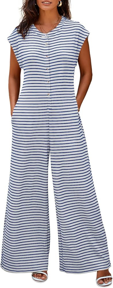 Cicy Bell Womens Casual Striped Jumpsuits Summer Cap Sleeve Wide Leg Jumper Romper Button Down Tr... | Amazon (US)