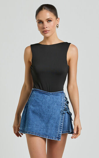 Ronnie Skort - Mid Waist Lace Up Denim Skort in Dark Blue Wash | Showpo (ANZ)