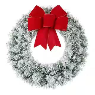 24 in Noble Pine Un-Lit Flocked Artificial Christmas Wreath with Velvet Bow | The Home Depot
