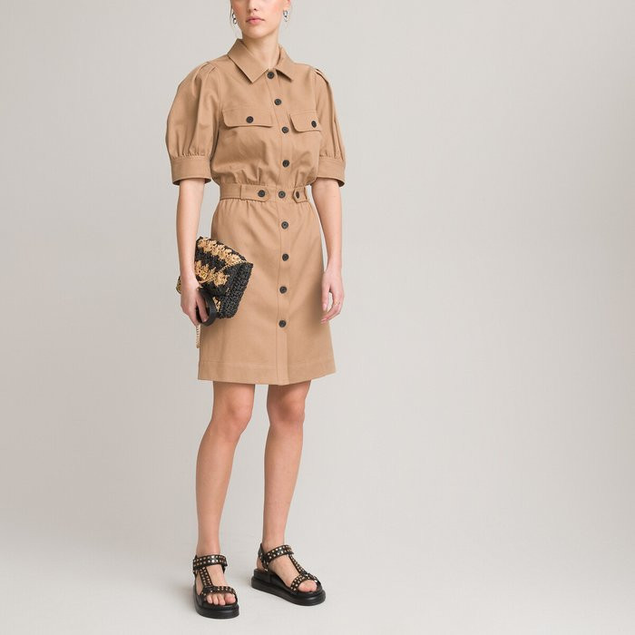 Puff Sleeve Shirt Dress in Cotton Mix with Belt | La Redoute (UK)