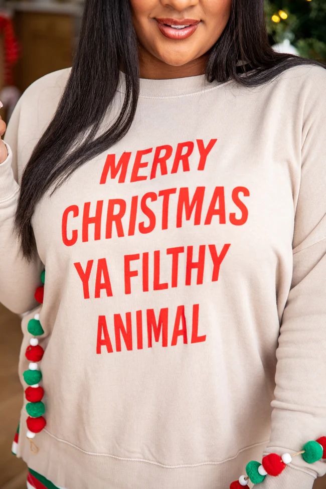 Merry Christmas Ya Filthy Animal Light Tan Sweatshirt | Pink Lily