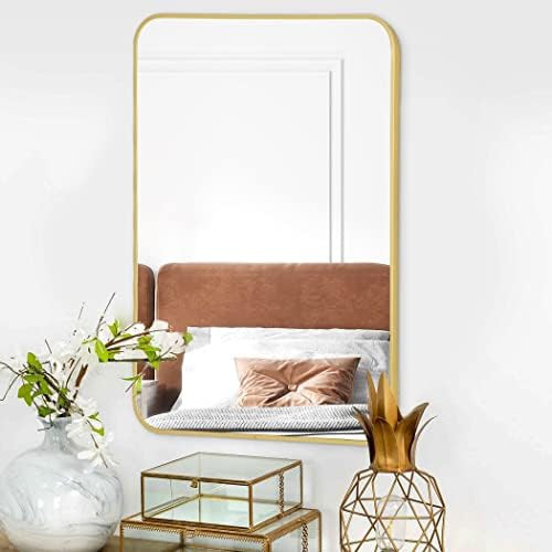 COFENY Bathroom Mirror, 20"x28" Gold Rectangle Mirror, Wall Mounted Framed Mirror with Round Corn... | Amazon (US)