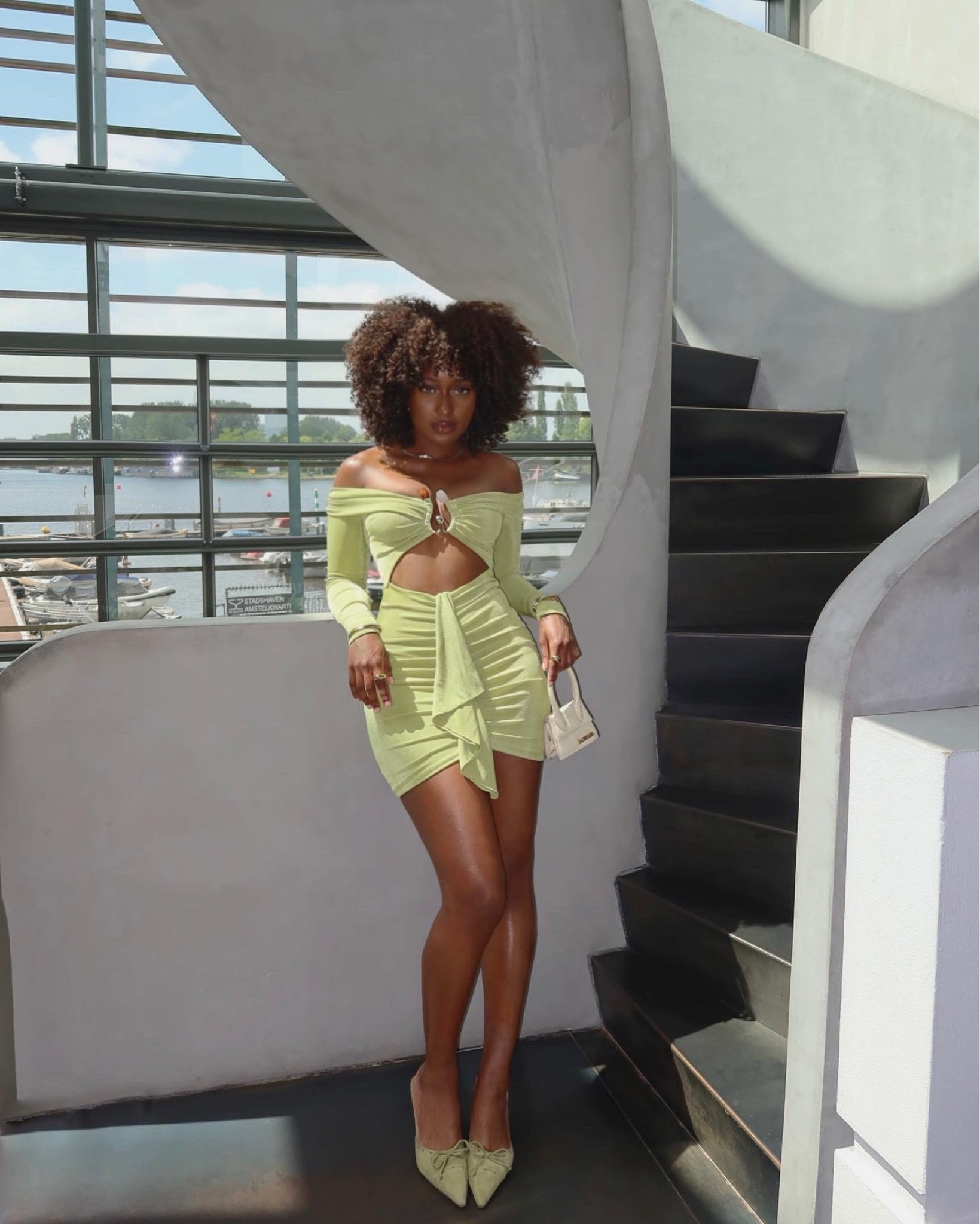 green Oh Polly “Saffron” dress in size 6 and EGO heels are the autumn-noon bow detailed pointed toe court heel mule in green suede  (true to size)

summer look pastel short dress beach date night and jacquemus leather bag in natural croc afro hair black girl magic mini dress off the shoulder 

#LTKstyletip #LTKSeasonal #LTKeurope
