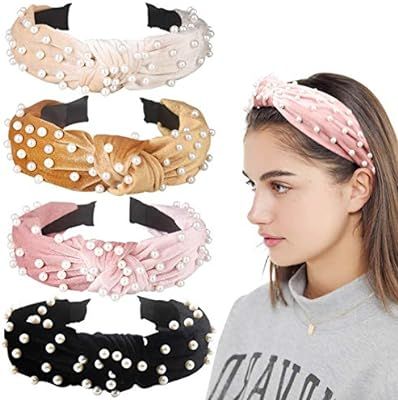 Allucho 4 Pack Velvet Wide Headbands Knot Turban Hairband Vintage Head Wrap with Faux Pearl Elast... | Amazon (US)