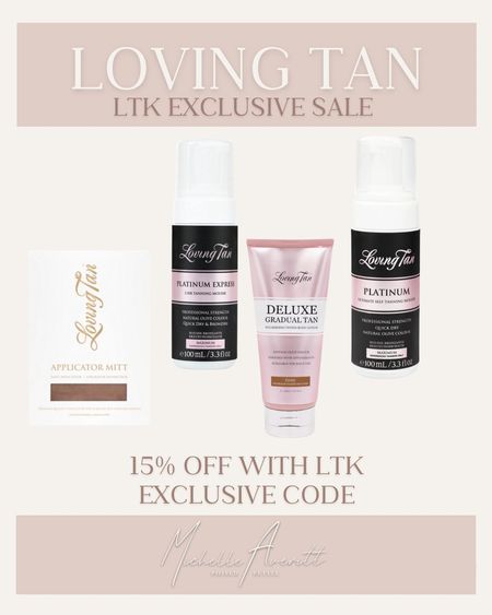 The LTK exclusive beauty sale is here! Enjoy 15% off my favorite tanning products this weekend only! 

Select a product on this post,  copy the code from the orange button, then press shop now! 

#LTKSaleAlert #LTKBeauty #LTKStyleTip