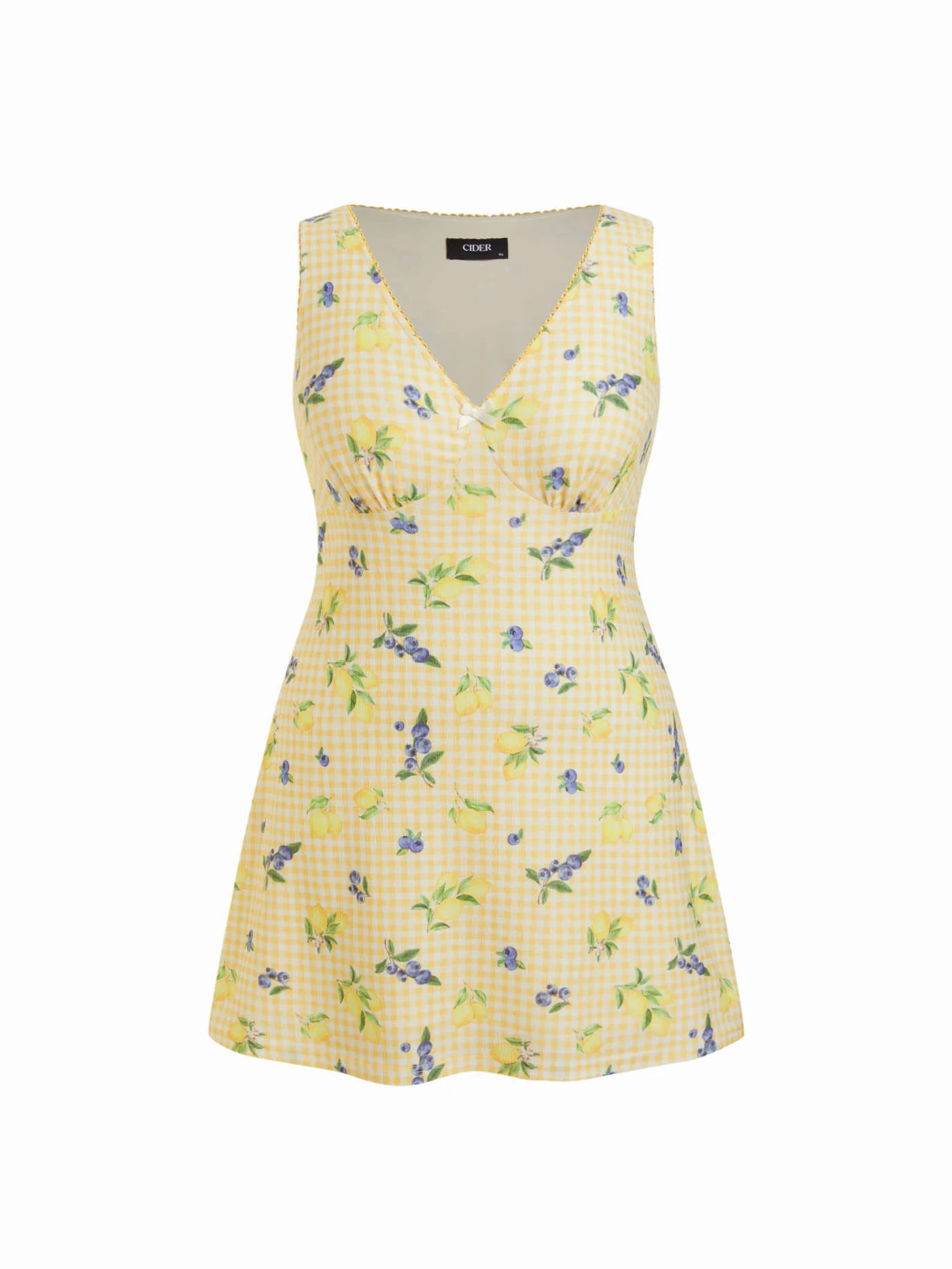 Knit Fabric Fruit Checks V-neck Bowknot A-line Mini Dress Curve & Plus For Daily Casual Vacation | Cider